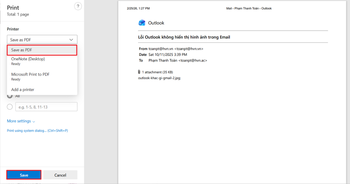 Lưu email Outlook