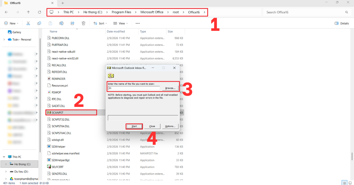 Outlook không tim kiếm được mail