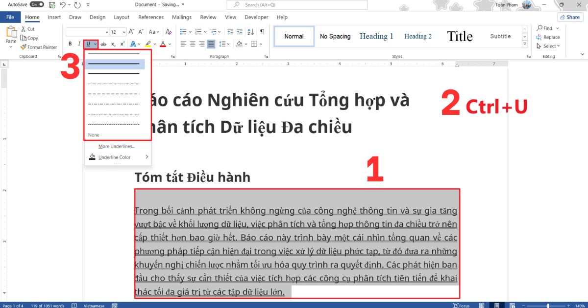 Cách gạch chân trong Word