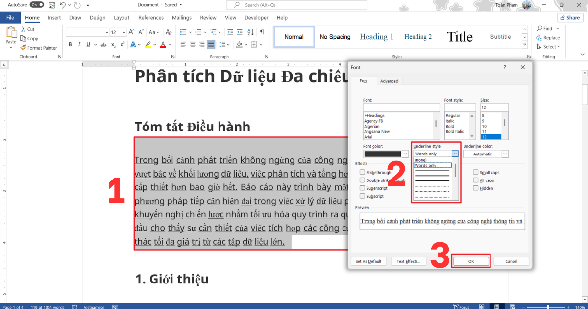 Cách gạch chân trong Word