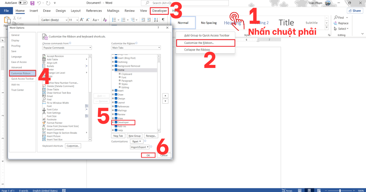 Cách mở Developer trong Word