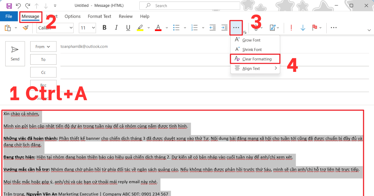 Lỗi cách chữ trong Outlook