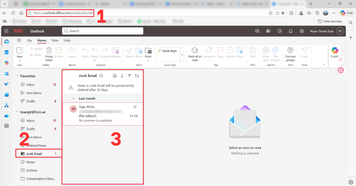 Tìm thư spam trong Outlook