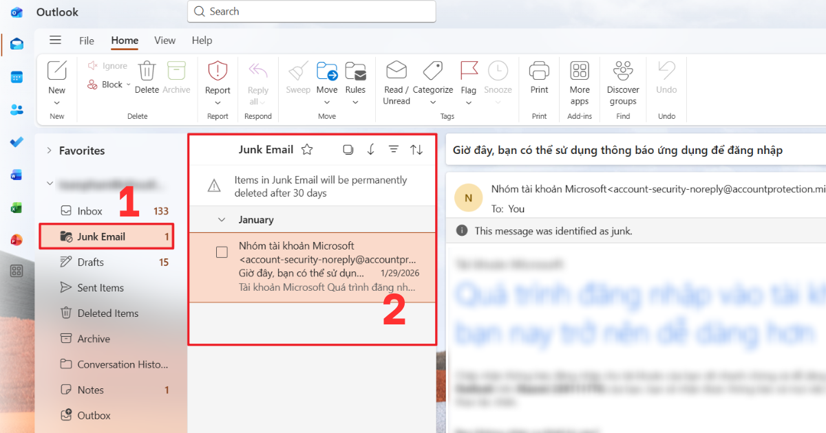 Tìm thư spam trong Outlook