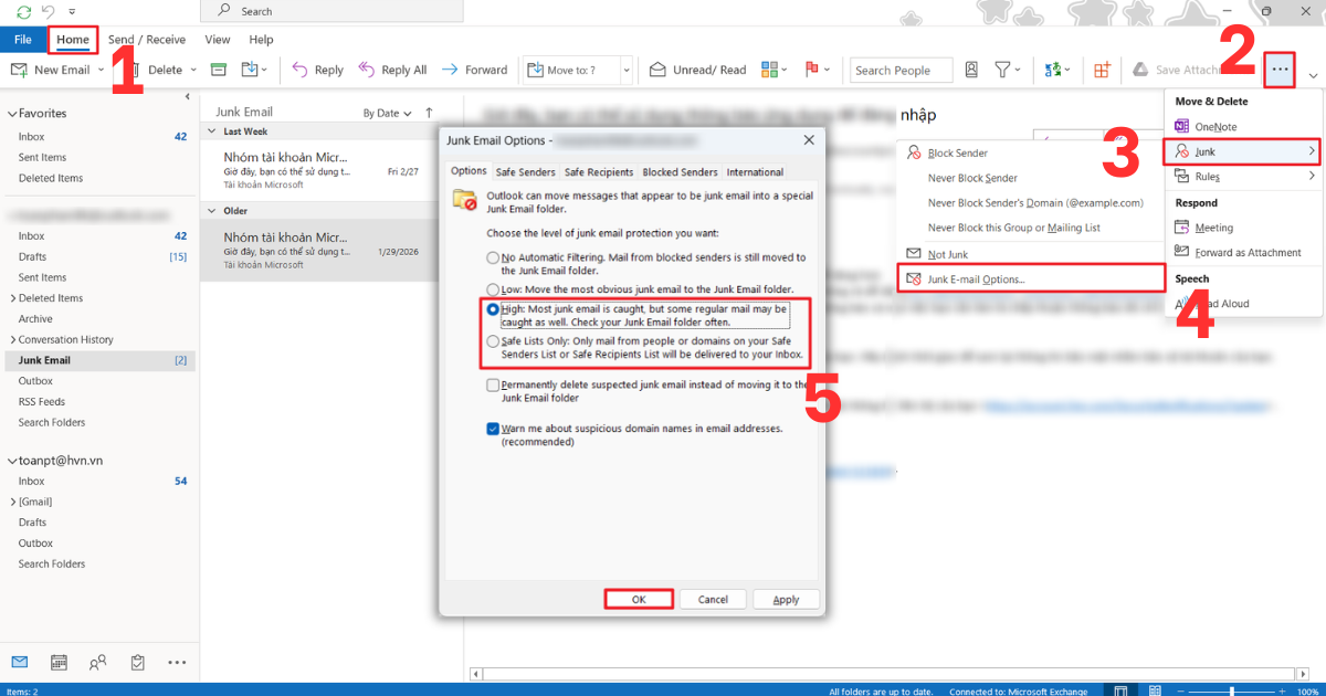 Tìm thư spam trong Outlook