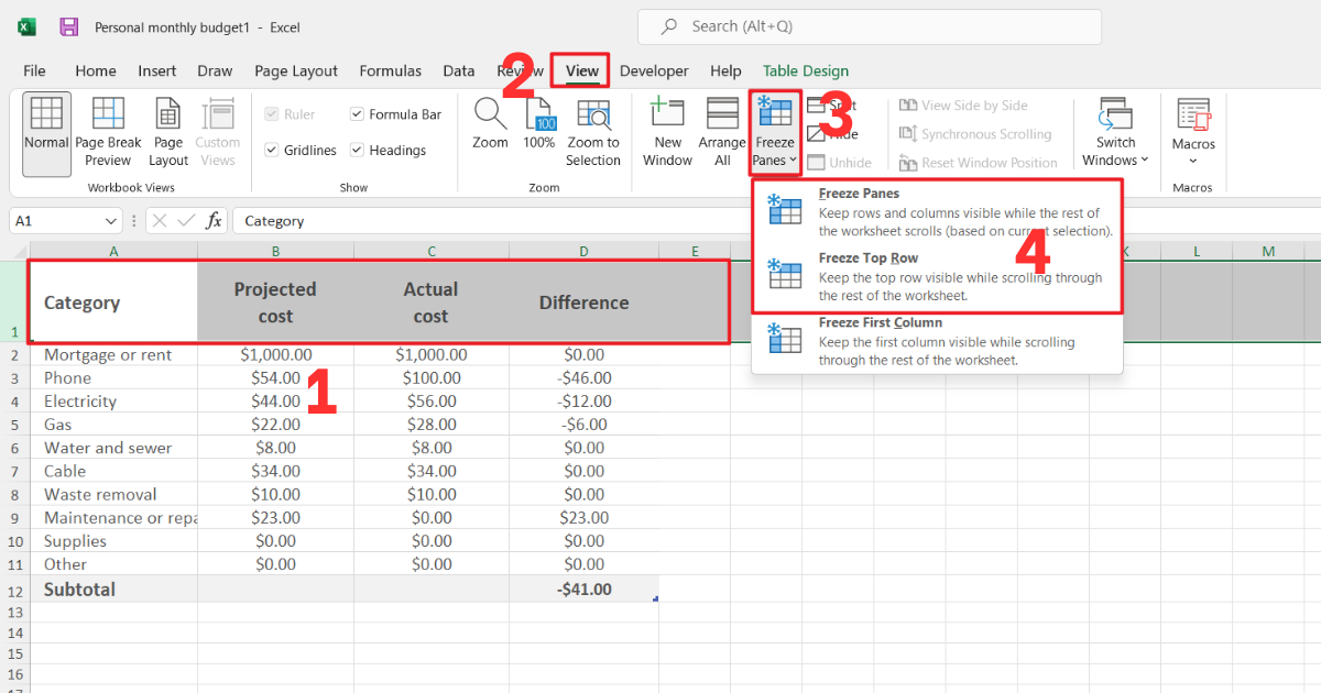 Cách cố định dòng trong Excel