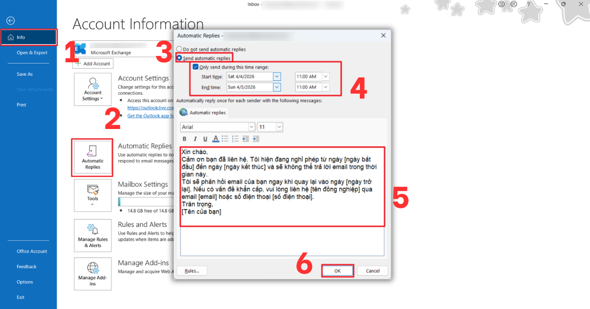 cài đặt mail tự động trả lời trong Outlook