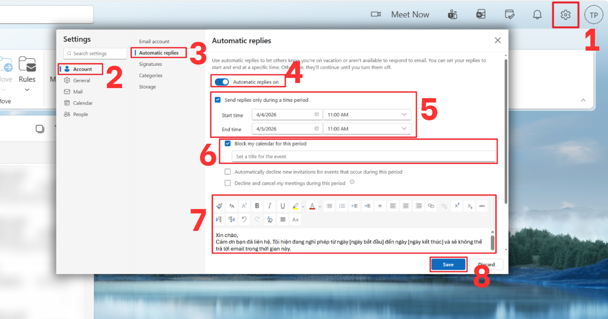 cài đặt mail tự động trả lời trong Outlook