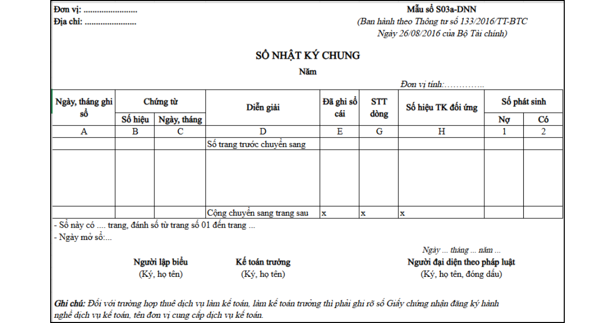 Mẫu sổ nhật ký chung Excel