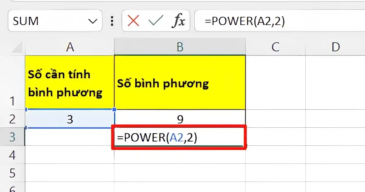 Hàm bình phương trong Excel