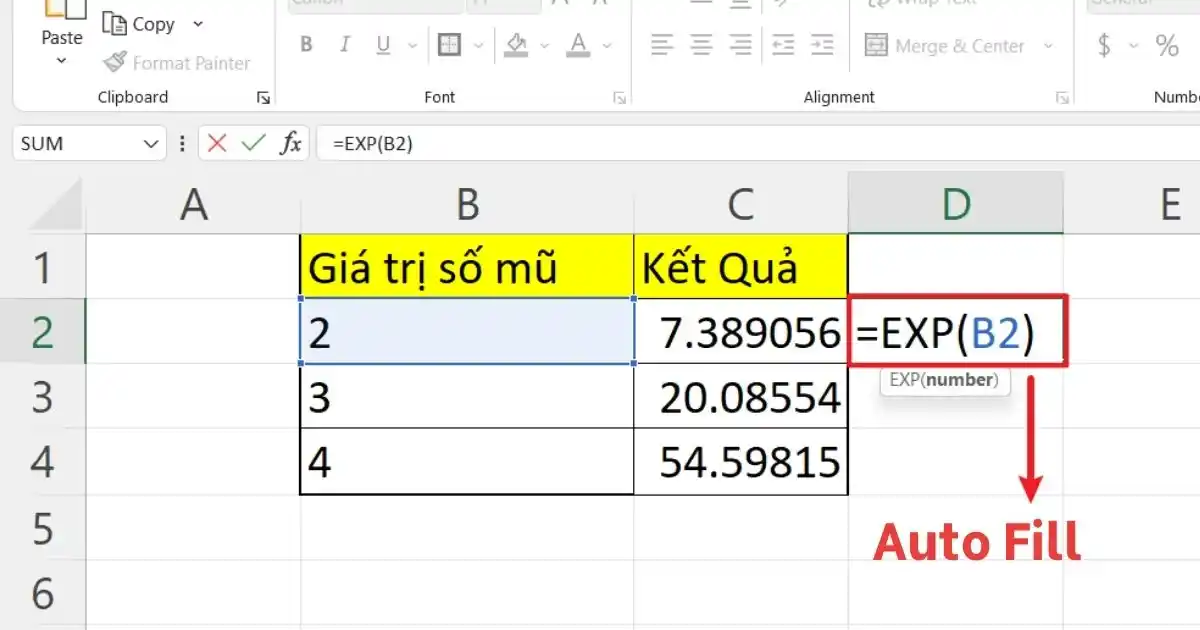 Hàm e mũ trong Excel