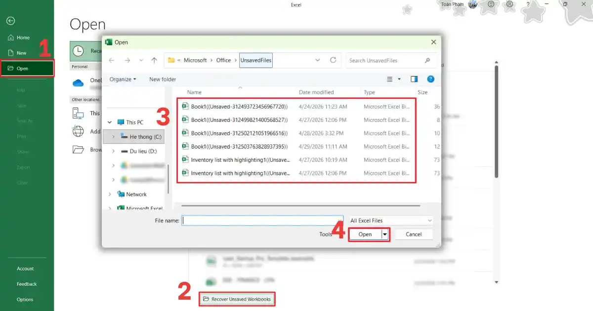 lấy lại file Excel chưa lưu