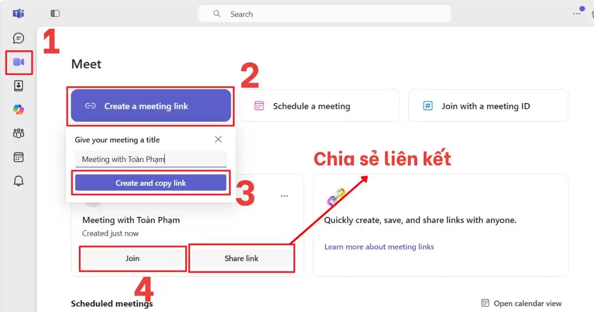 Tạo cuộc họp trên Microsoft Teams