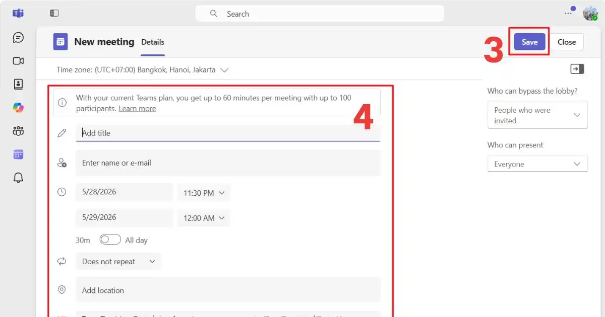 Tạo cuộc họp trên Microsoft Teams