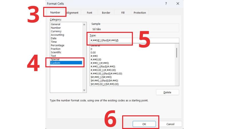 Đóng ngoặc và tô đỏ số (tiền) âm 