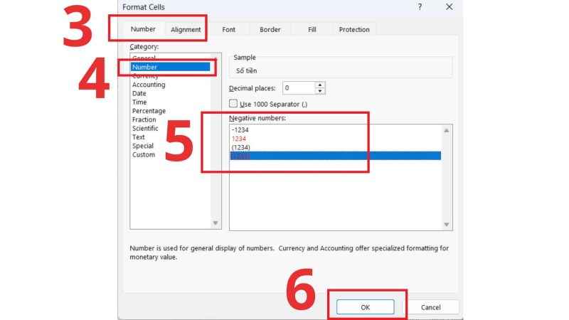 Định dạng số âm trong ngoặc trực tiếp bằng Number Format