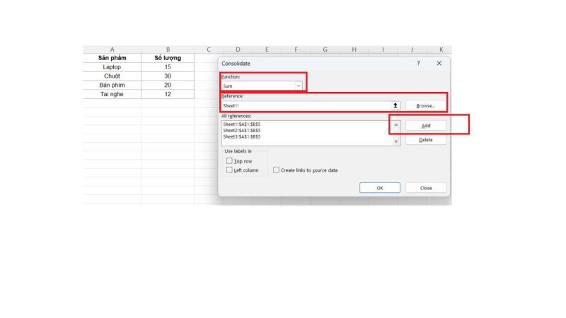 Chon function (1) Gộp dữ liệu trùng nhau trong Excel từ nhiều trang tính