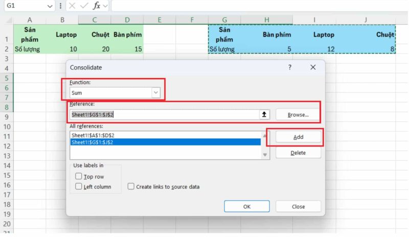 Chon function Hợp nhất các bảng tính có thứ tự cột khác nhau trong 1 trang tính