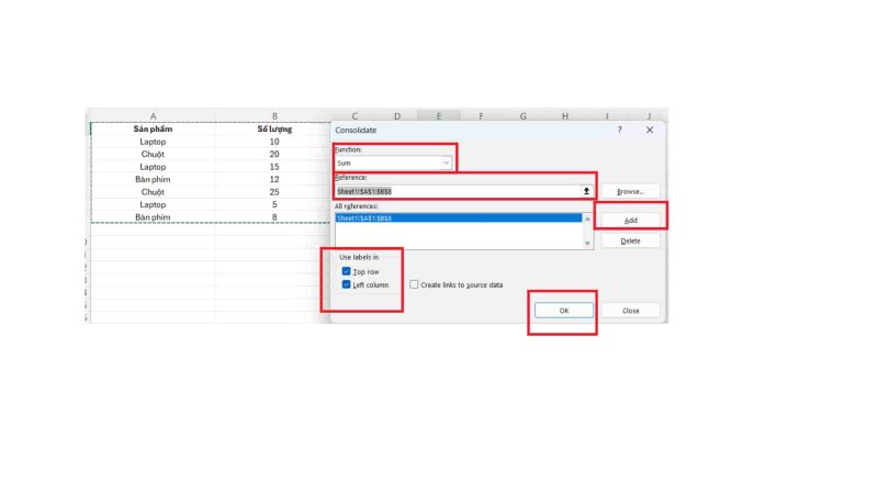 Thiet lap du lieu Gộp dữ liệu trùng nhau trong Excel trong 1 trang tính